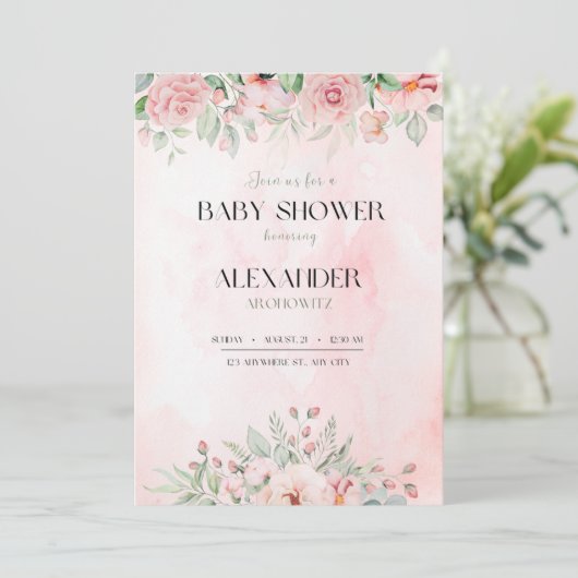 élégant rose bébé fille douche fleurs invitation (Debout devant)