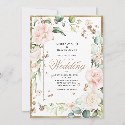 Élégant rose Blush or Floral Faire-part de mariage (Devant)