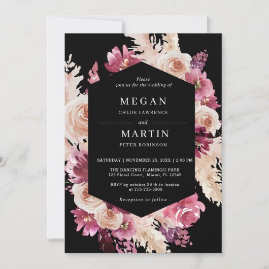 Élégant Rose Boho Mariage Black Invitation (Devant)