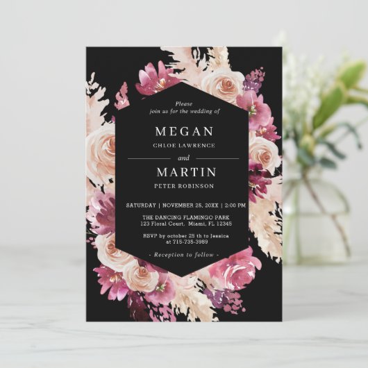 Élégant Rose Boho Mariage Black Invitation (Debout devant)