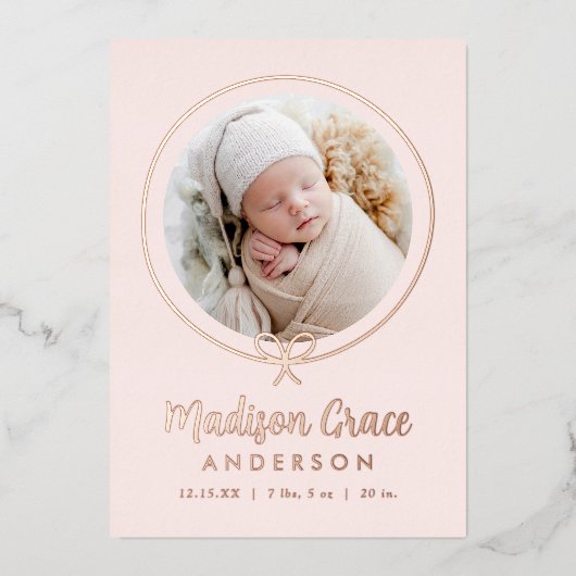 Élégant Rose Bow Faire-part de naissance or (Recto)