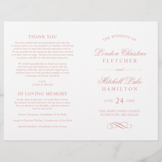 Élégant Rose classique Programmes de mariage d'or (Devant)