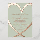 Elégant Rose Coeur Or & Faire-part de mariage Vert (Recto)