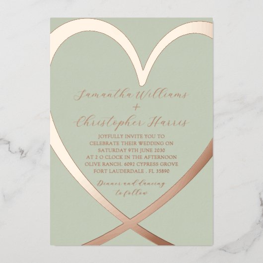 Elégant Rose Coeur Or & Faire-part de mariage Vert (Recto)