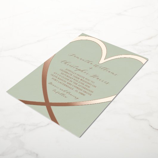 Elégant Rose Coeur Or & Faire-part de mariage Vert (Rotation)