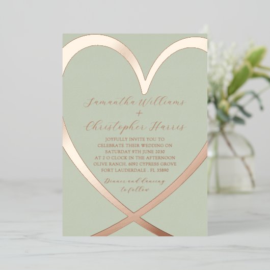 Elégant Rose Coeur Or & Faire-part de mariage Vert (Debout devant)
