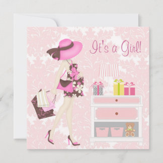 Elégant rose Damask Baby Shower Invitations