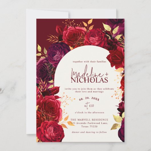 Élégant Rose de Crimson Arch Faire-part de mariage (Devant)