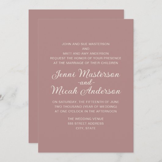 Elégant rose Dusty Rose Faire-part de mariage crèm (Devant / Derrière)