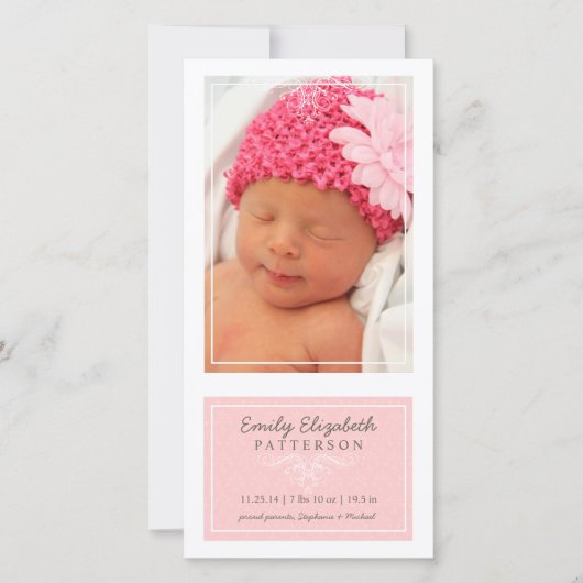 Elégant rose et blanc Faire-part de naissance bébé (Devant)