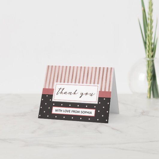 Élégant Rose et Noir Rayures Points Merci (Devant)