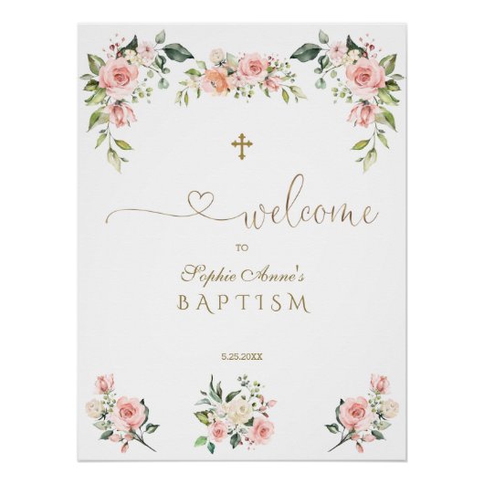 Élégant rose Fleurs de Baptême Affiche de bienvenu (Devant)