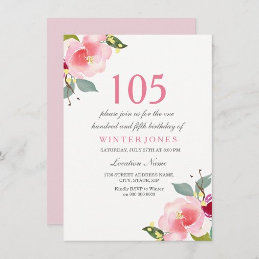 Élégant rose floral 105e anniversaire Invitation d (Devant / Derrière)