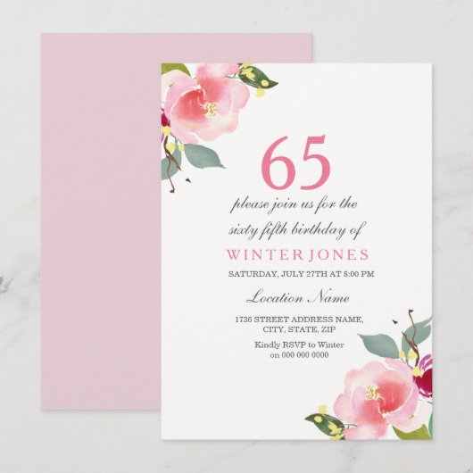 Elégant rose floral 65e anniversaire Invitation de (Devant / Derrière)