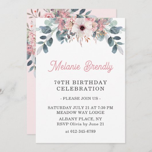 Élégant rose floral 70e anniversaire Invitation de (Devant / Derrière)
