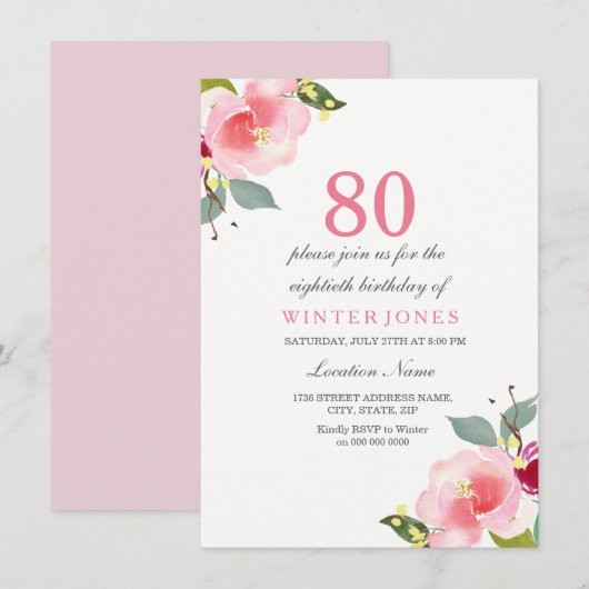 Elégant rose floral 80e anniversaire Invitation de (Devant / Derrière)
