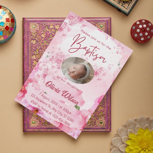 Élégant rose floral Baptême Invitation pour bébé