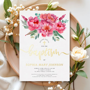 Élégant rose floral Baptême or Foil Invitation