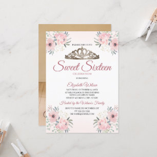 Elégant Rose Floral Gold Photo Sweet 16 Invitation