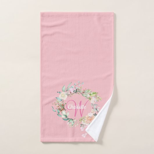 Élégant Rose Floral Pink Script Monogramme (Serviette à main)