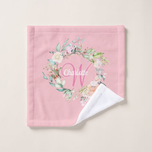 Élégant Rose Floral Pink Script Monogramme (Gant de toilette)