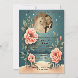 Elegant Rose Floral Starry Night Photo Muslim Wedd Kaart