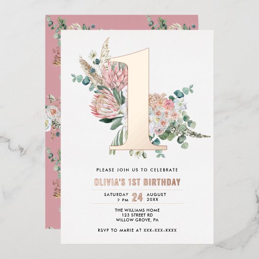 Elégant rose florale 1er anniversaire Invitation (Recto/Verso)