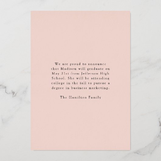 Élégant Rose Foil Script Graduation Faire-part (Verso)