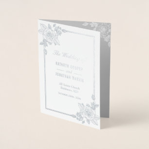 Élégant Rose Frame Silver Foil Wedding Programme