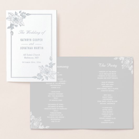 Élégant Rose Frame Silver Foil Wedding Programme (Affichage)
