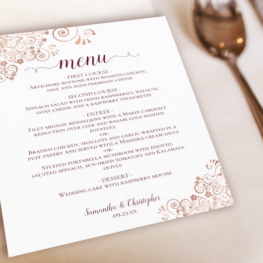 Elégant Rose Gold & Burgundy BUDGET Mariage Menu
