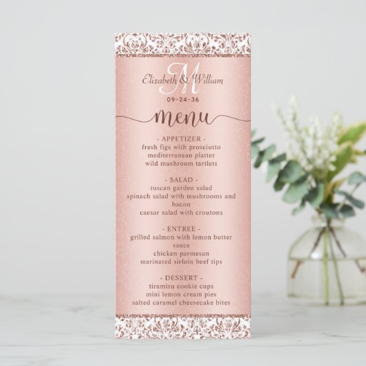 Elégant Rose Gold Damask Monogram Mariage Menu (Debout devant)