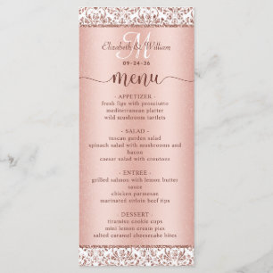Elégant Rose Gold Damask Monogram Mariage Menu