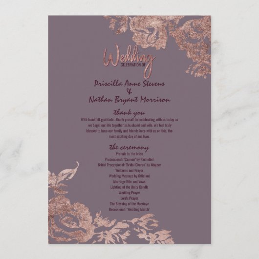 Élégant Rose Gold Floral Purple Wedding Programme (Devant)