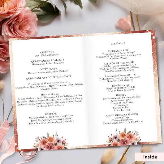 Élégant Rose Gold Floral Quinceanera Programme