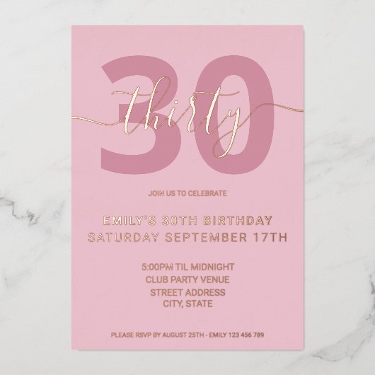 Elégant Rose Gold Foil 30e anniversaire Invitation (Recto)