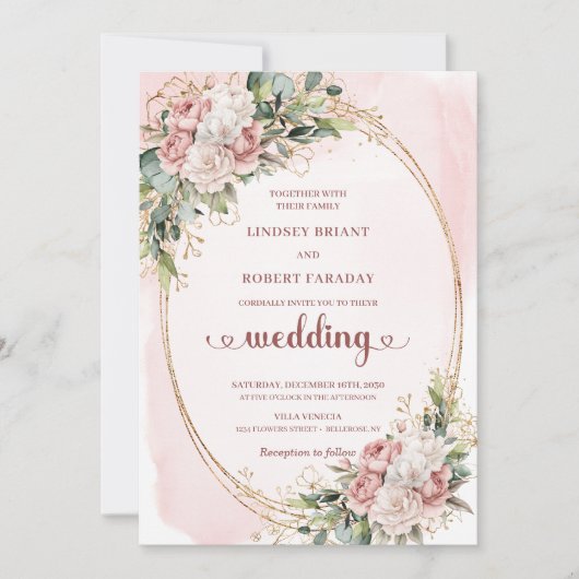 Elegant Rose Gold Greenery Blush Wedding Invites Kaart (Voorkant)