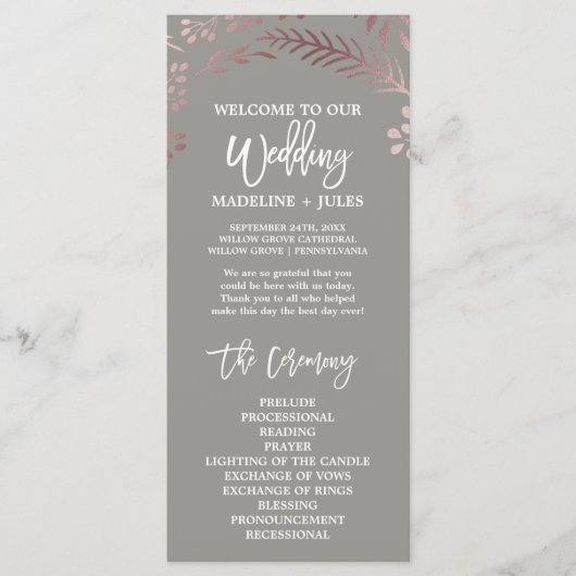Élégant Rose Gold & Grey Wedding Programme (Devant)