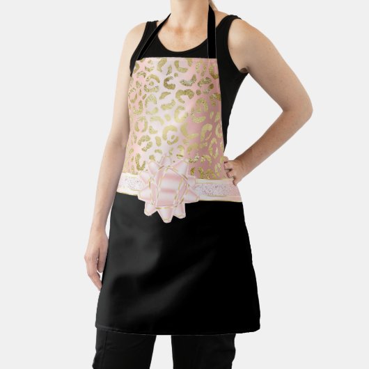 Élégant Rose Gold Leopard rose Ribbon noir tablier (Insitu)