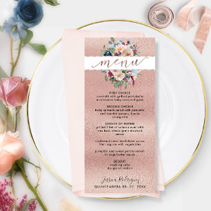 Elégant Rose Gold Pastel Floral Quinceañera Menu