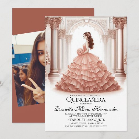 Elégant Rose Gold Quinceañera Invitation (Devant / Derrière)