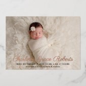 Élégant Rose Gold Script Photo Faire-part de naiss (Recto)