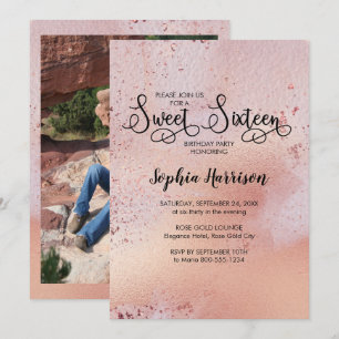 Élégant Rose Gold Sweet 16 Photo Invitation