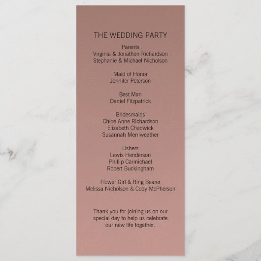 Élégant Rose Gold Wedding Programme (Dos)