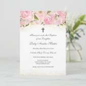 Élégant rose or étincelant Rose Baptême Invitation (Debout devant)