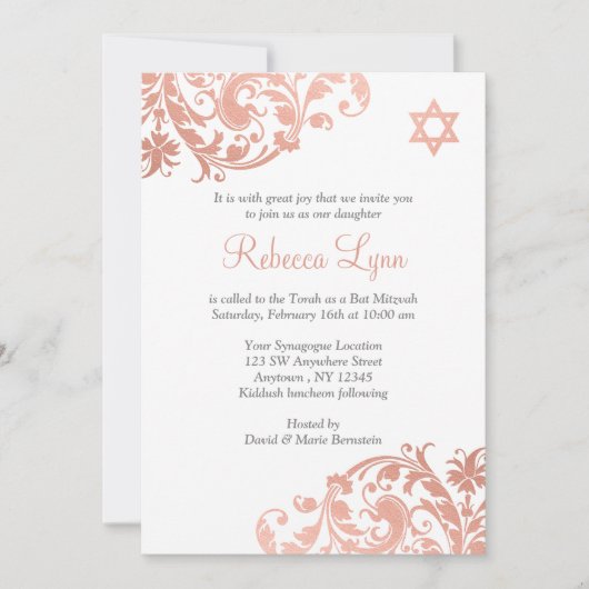 Elégant Rose or fleuris Bat mitzvah Invitation (Devant)