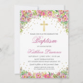 Élégant rose Or Floral Girl Baptism Invitation (Devant)