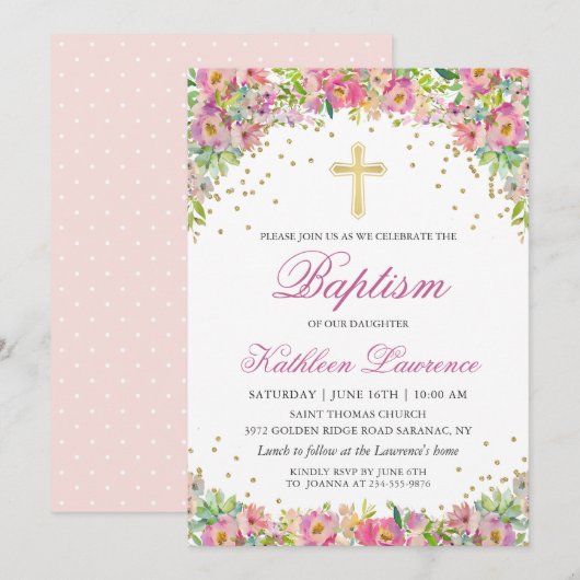 Élégant rose Or Floral Girl Baptism Invitation (Devant / Derrière)