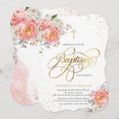 Élégant rose & or Floral Girl Baptism Invitation (Devant / Derrière)