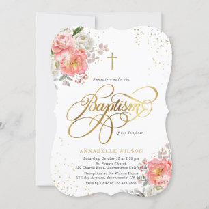Élégant rose & or Floral Girl Baptism Invitation